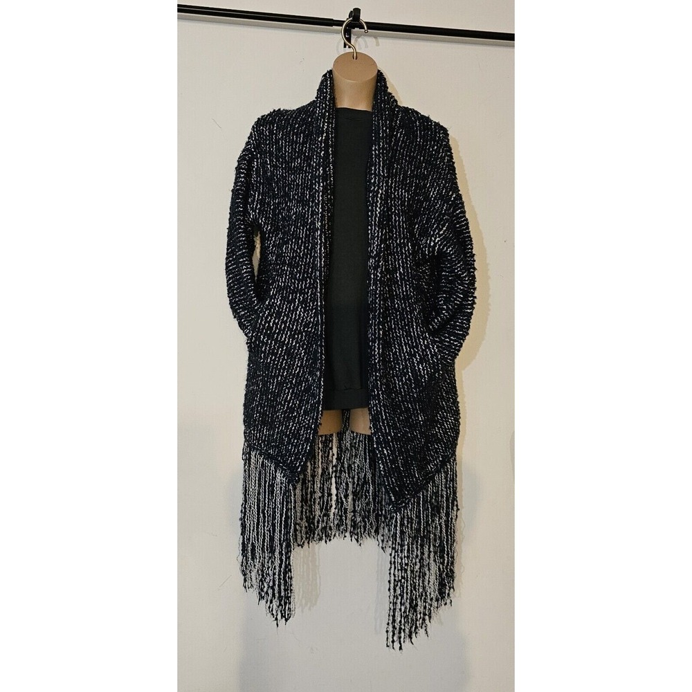 Jucy Judy Oversized Fringed Chunky Knit Cardigan Sweater Blue &amp; White Women'